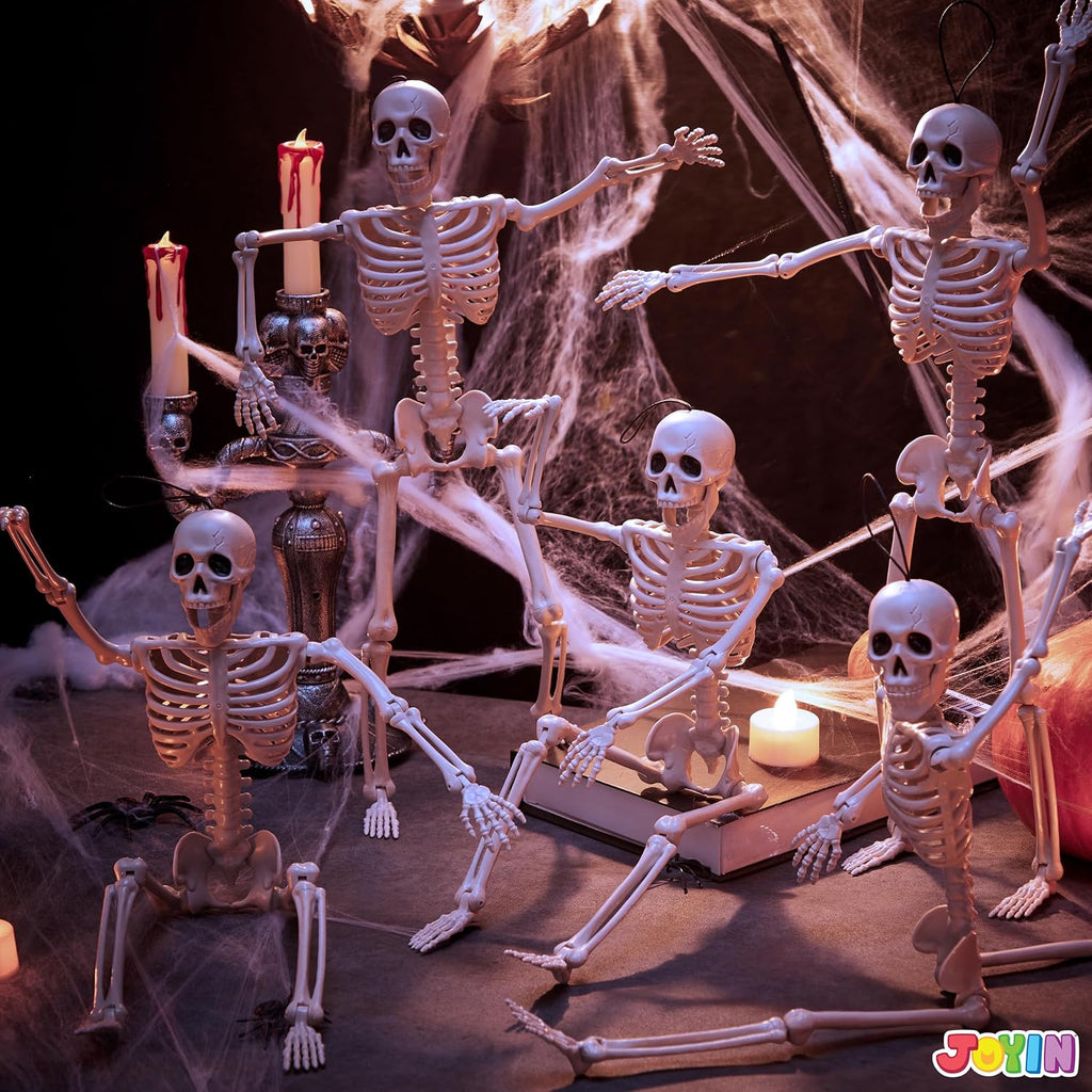 Posable Halloween Skeleton Decor 16 Inches, Full Body Posable Joints Hanging Skeletons for Halloween - Set of 5