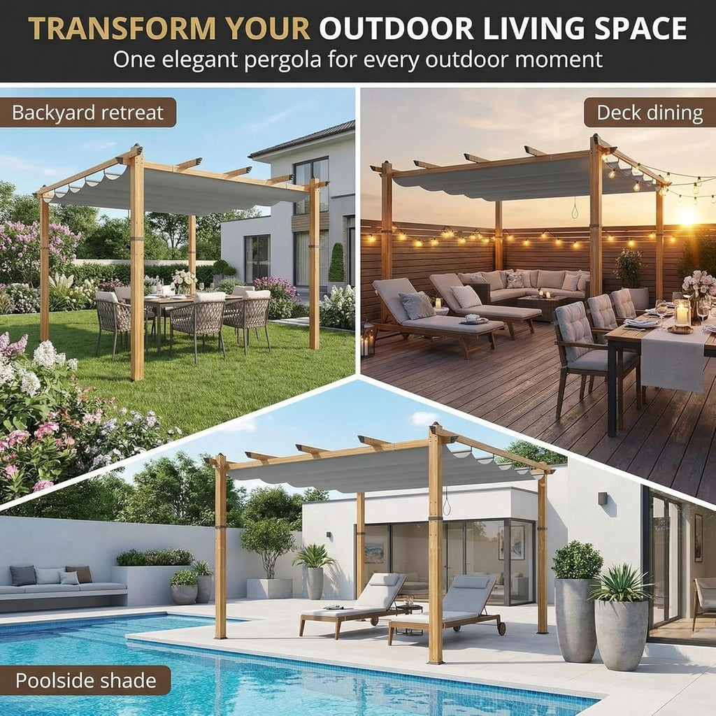 Outdoor Pergola 10x10 ft, Wood-Grain Aluminum Patio Pergola with Retractable Canopy for Backyard, Deck, Porch