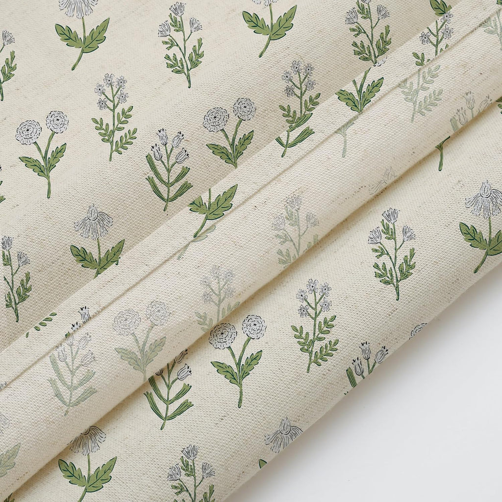 Linen Textured Ruffle Shower Curtain - Vintage Floral Block Print in Beige and Green, Boho Cottagecore Farmhouse