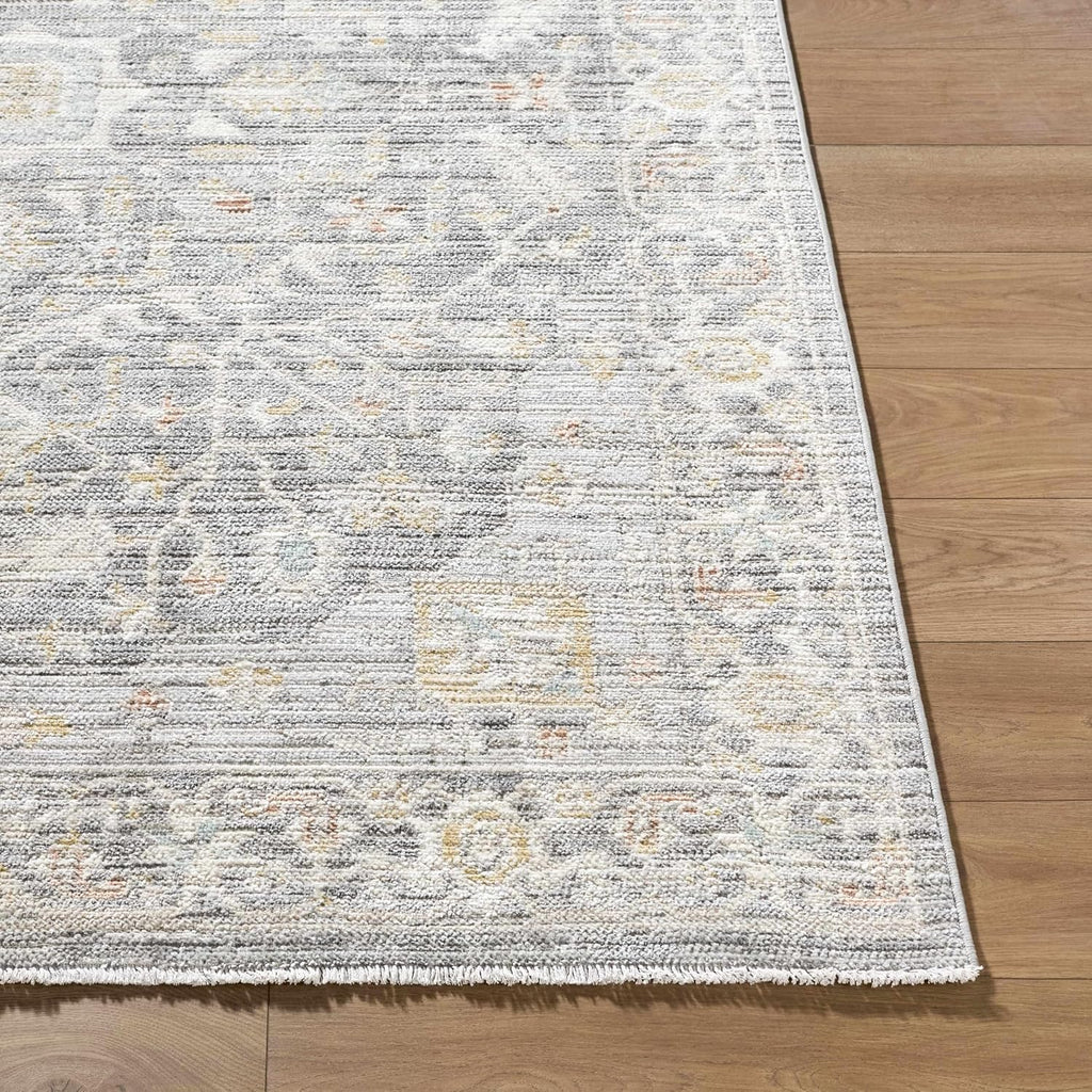 Flavia Machine Washable Area Rug - Medallion Floral Border Distressed Geometric - Traditional Oriental Transitional