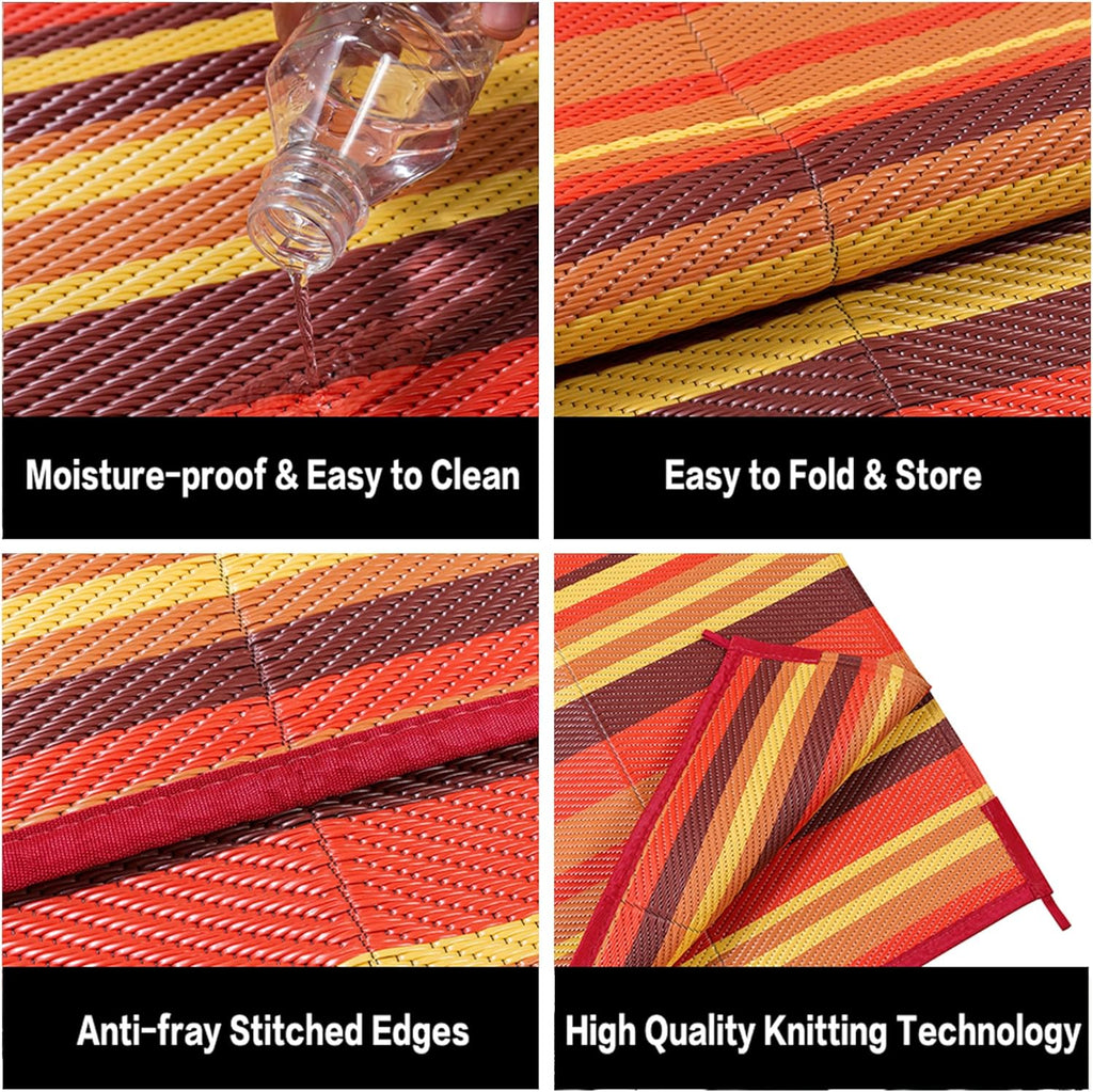 Outdoor Plastic Straw Rug Waterproof Patio 9x12 Red Orange Stripe Mat for Porch Camping RV Balcony D