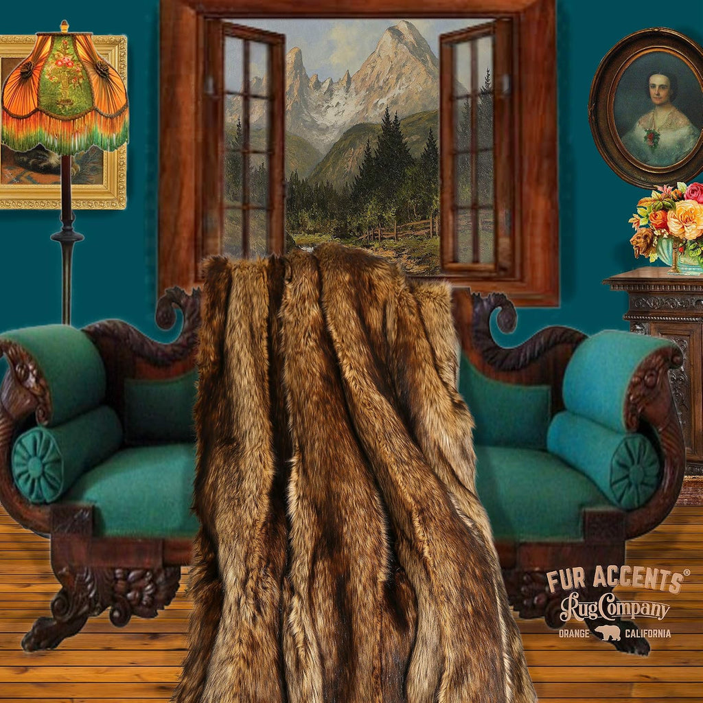Plush Throw - Luxurious Pieced Fur Blanket - Golden Brown Wolf - Premium Quality Faux Fur - Designer Throw Blanket