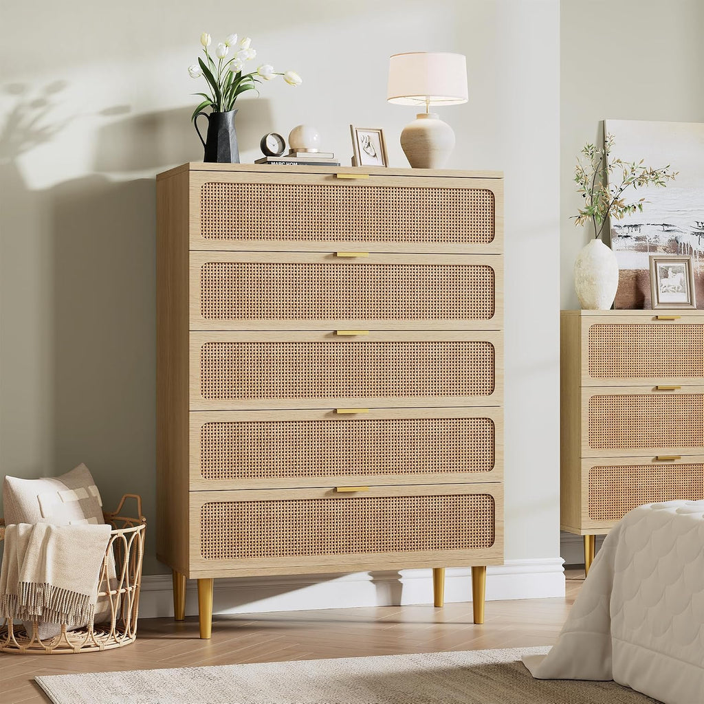 Rattan 5 Drawer Dressers , Tall Dresser with Deep Drawers, Large Chest of Drawers for Closet with Wide Top, Long