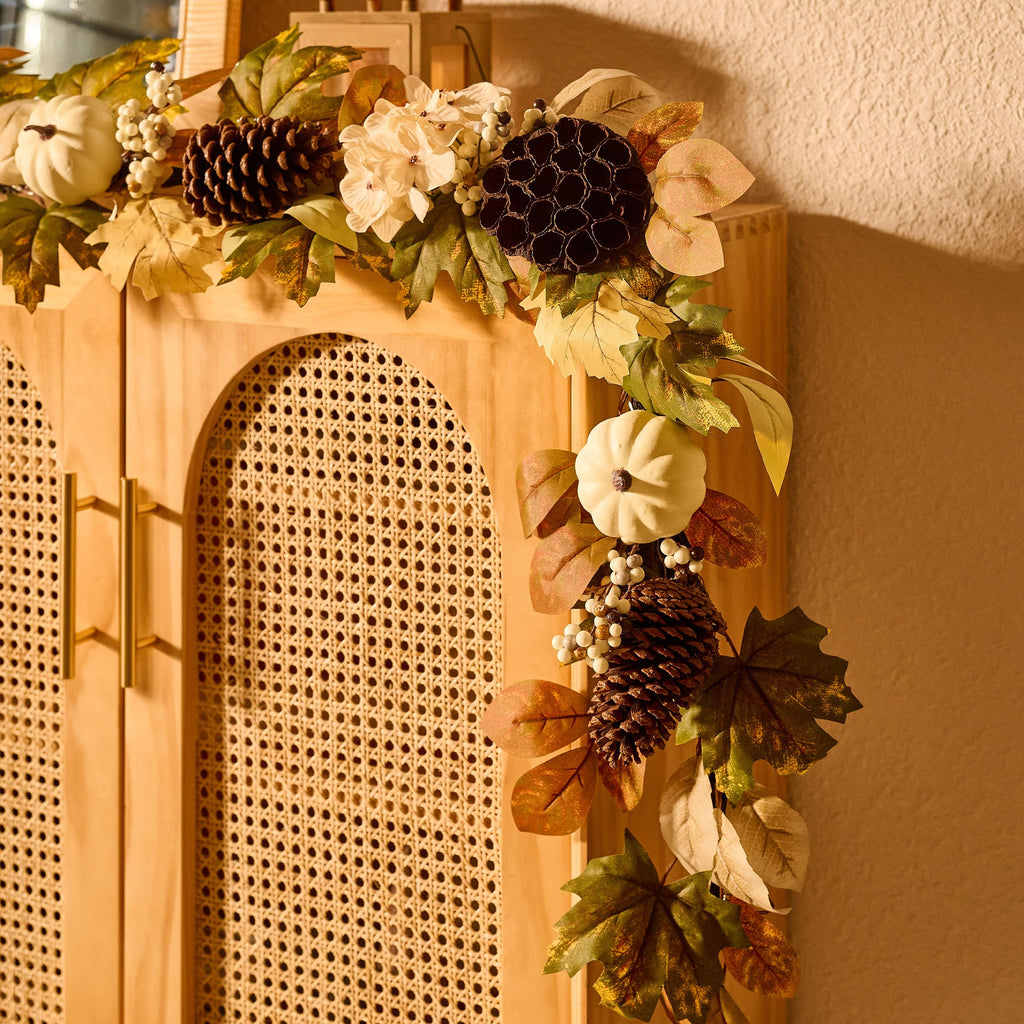 DecorbyHannah 6ft Fall Garland for Mantle with Lights &Pumpkin Maple Leaves