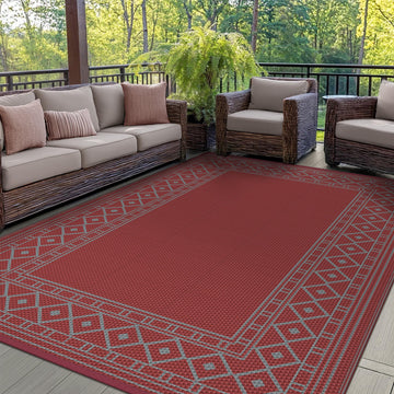 Outdoor Rug, Waterproof Plastic Rugs, 5'x8' Red Grey