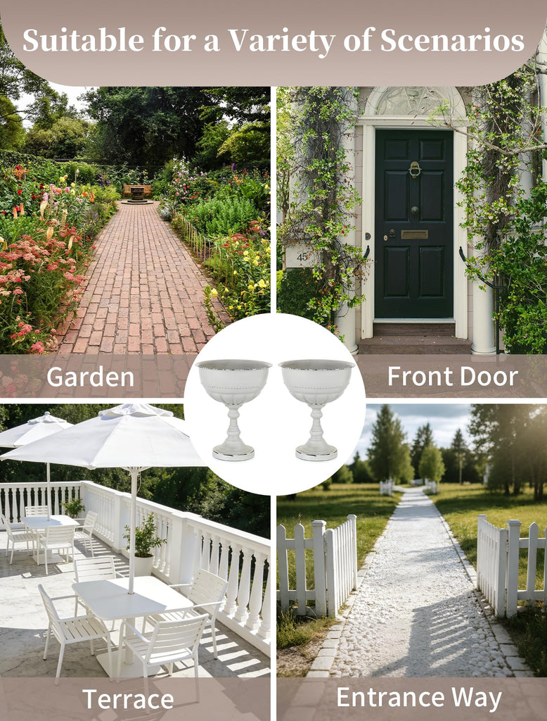 Tall Metal Urn Planters, White Large Flower Pots for Outdoor Plants