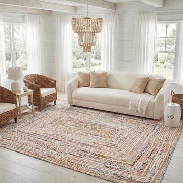 Area Rug 10x14 - Cape Cod - Large - Beige & Multi, Handmade Jute & Cotton, Woven Braided Design