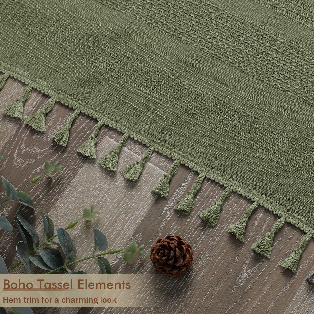 Sage Green Shower Curtain, Boho Linen Textured Shower Curtain with Tassel, Rustic Striped Heavy Duty Vintage Country