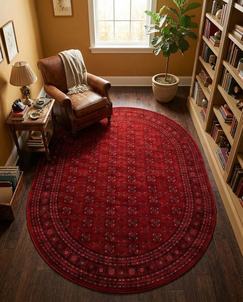 Bokhara Rug - 7' Oval Red Easy-Clean Area Rug Classic Medallion Design s and Dining Areas