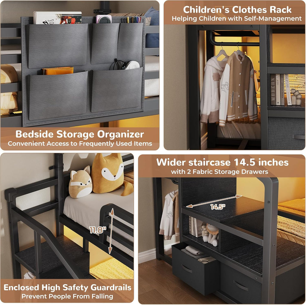 Metal Bunk Bed Twin Over Twin with Storage Staircase, Clothes Rack, LED Twin Bunk Beds for Kids with 2 Storage Drawers