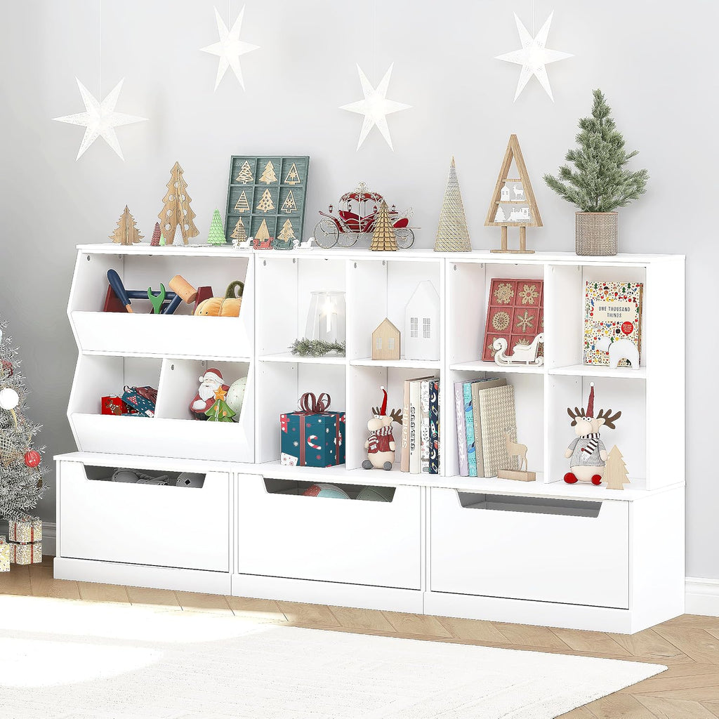 Slanted Kids Toy Storage Organizer, Children Storage Cubby with Drawer | Kids Bookshelf and Bookcase, Full-Width