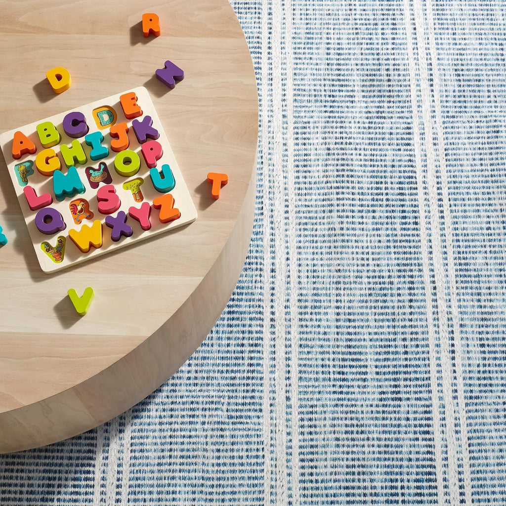 Malta Blue Striped Washable Rug