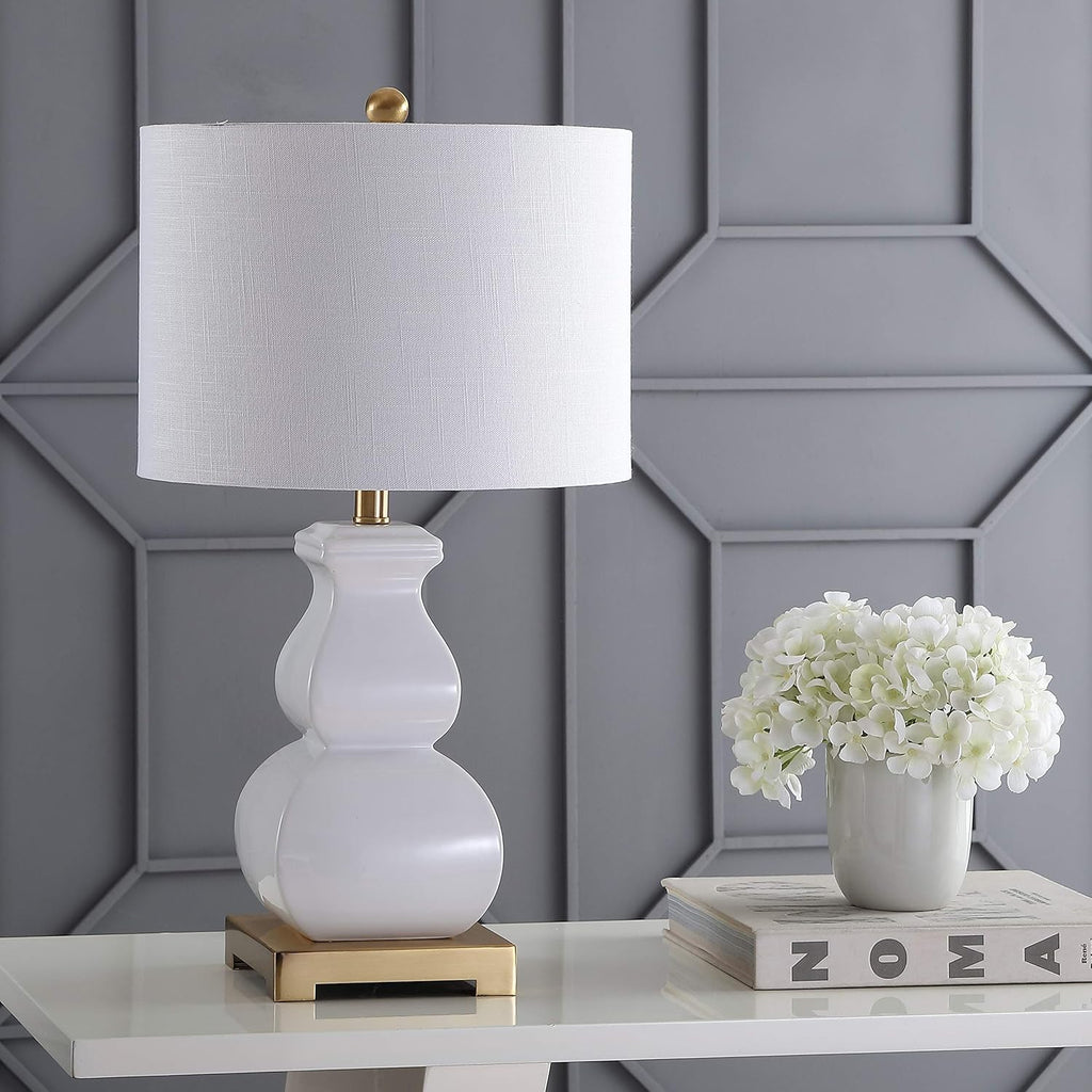 25.5" White/Gold Ceramic Table Lamp Bedroom, White Linen Shade, Modern Footed Vase Bedside Lamp, LED Bulb Included