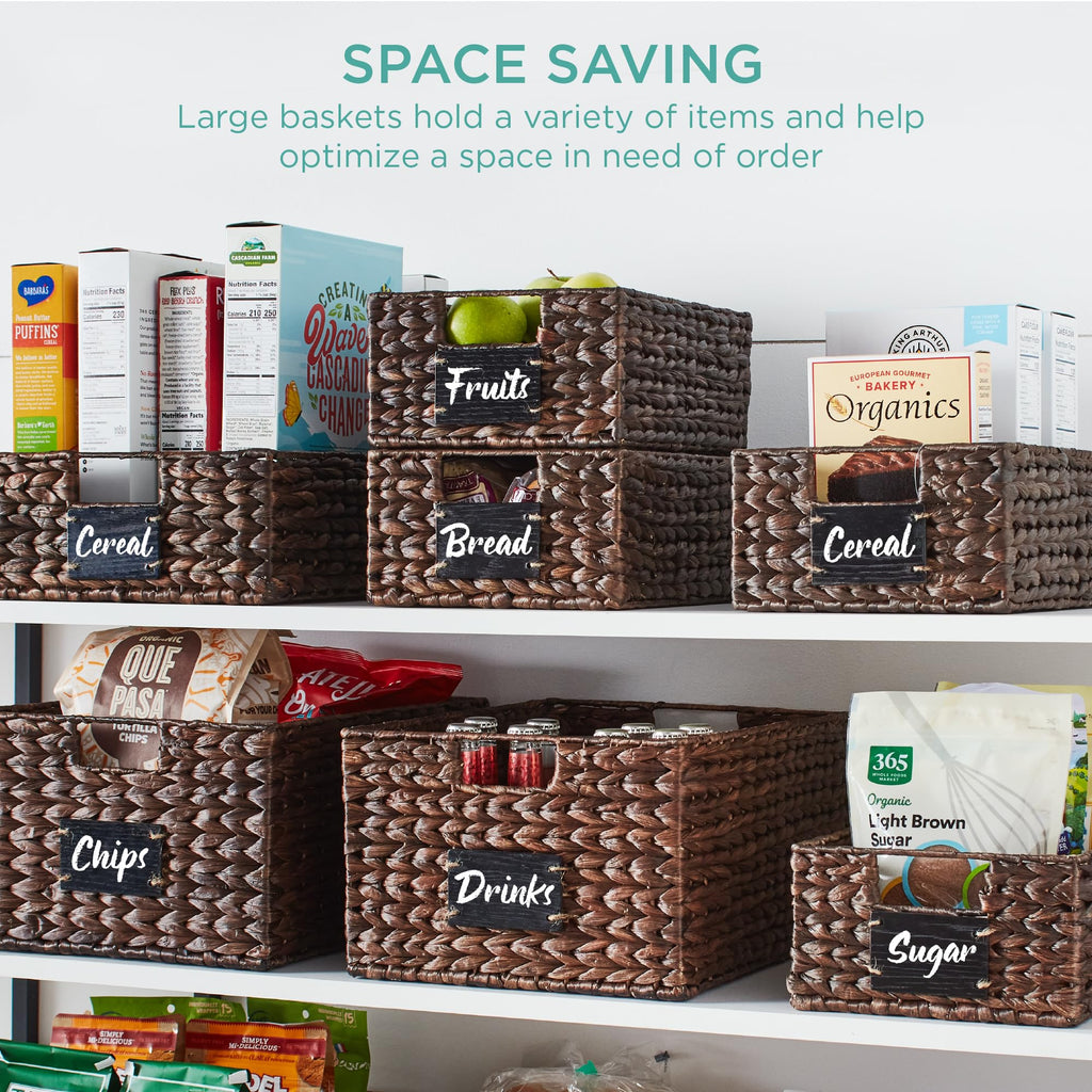Set of 4 13x12in Water Hyacinth Pantry Baskets, Woven Organizers w/Chalkboard Label, Chalk Marker - Brown