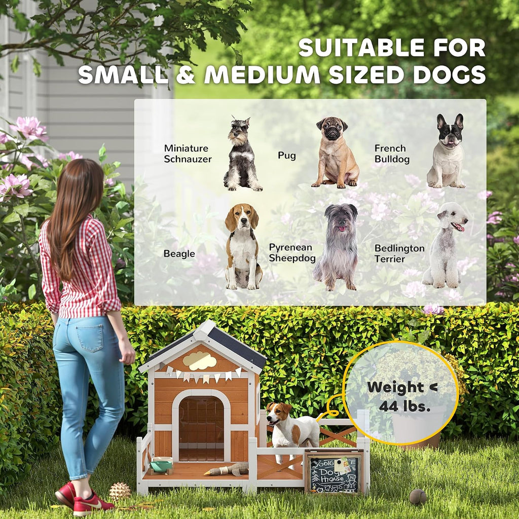 Outdoor Dog House, 56" Wooden Dog House with Large Porch, Weatherproof & Openable Roof, Elevated Base, Removable