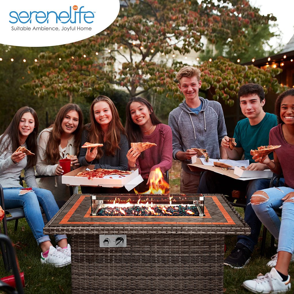 Outdoor Propane Fire Pit Table- 50, 000 BTU Auto-Ignition Gas Fire Pit w/Glass Wind Guard, Mosaic Tabletop with