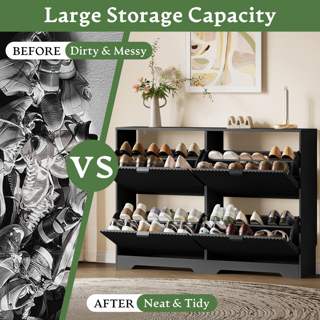 Shoe Storage Cabinet with 4 Flip Drawers, Hidden Slim Wood Shoe Organizer with Modern Fluted Panel, Freestanding