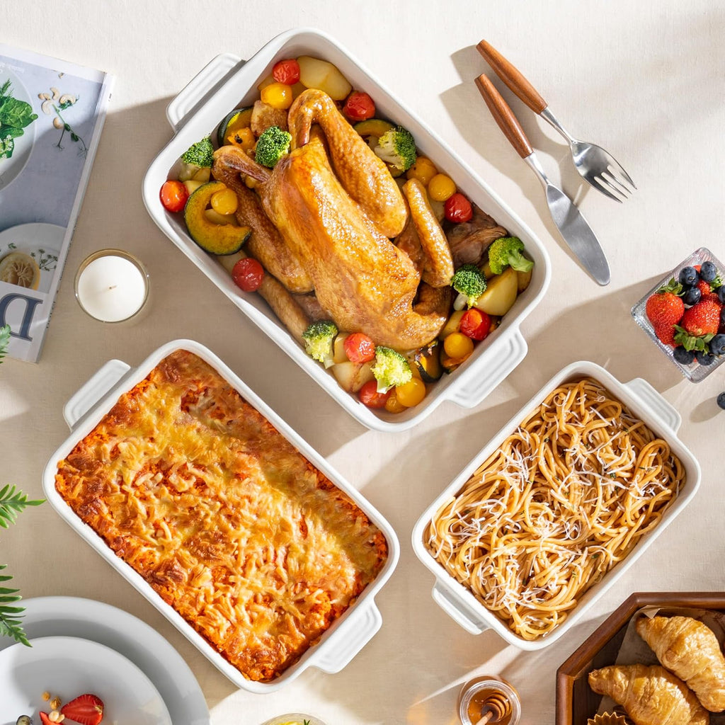 Casserole Dishes for Oven, Ceramic Dishes Set of 3, Pan Casserole Dish Set, Rectangular Lasagna Pan Deep with Handles