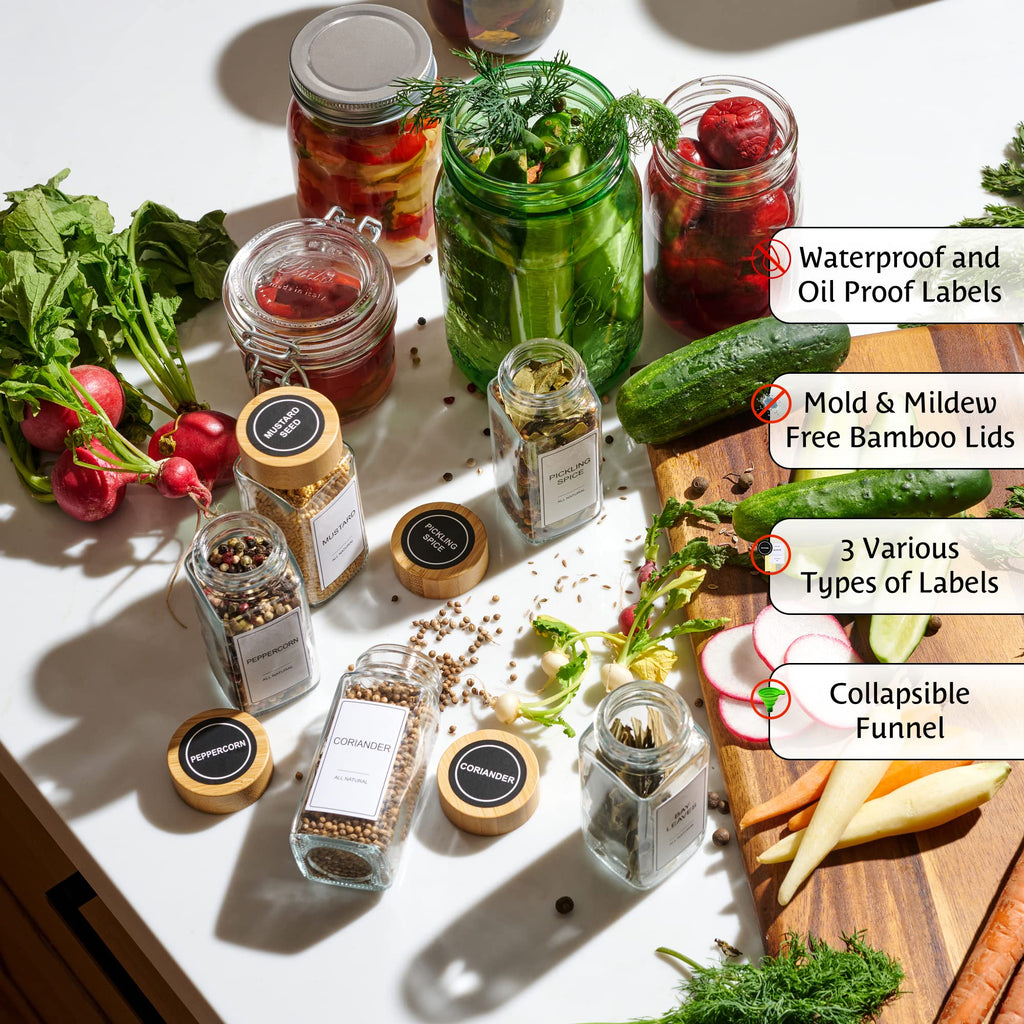 Glass Spice Jars with Label Set, Bamboo Lids & Funnel - Kitchen Airtight Storage Jars with Lids - Spices and