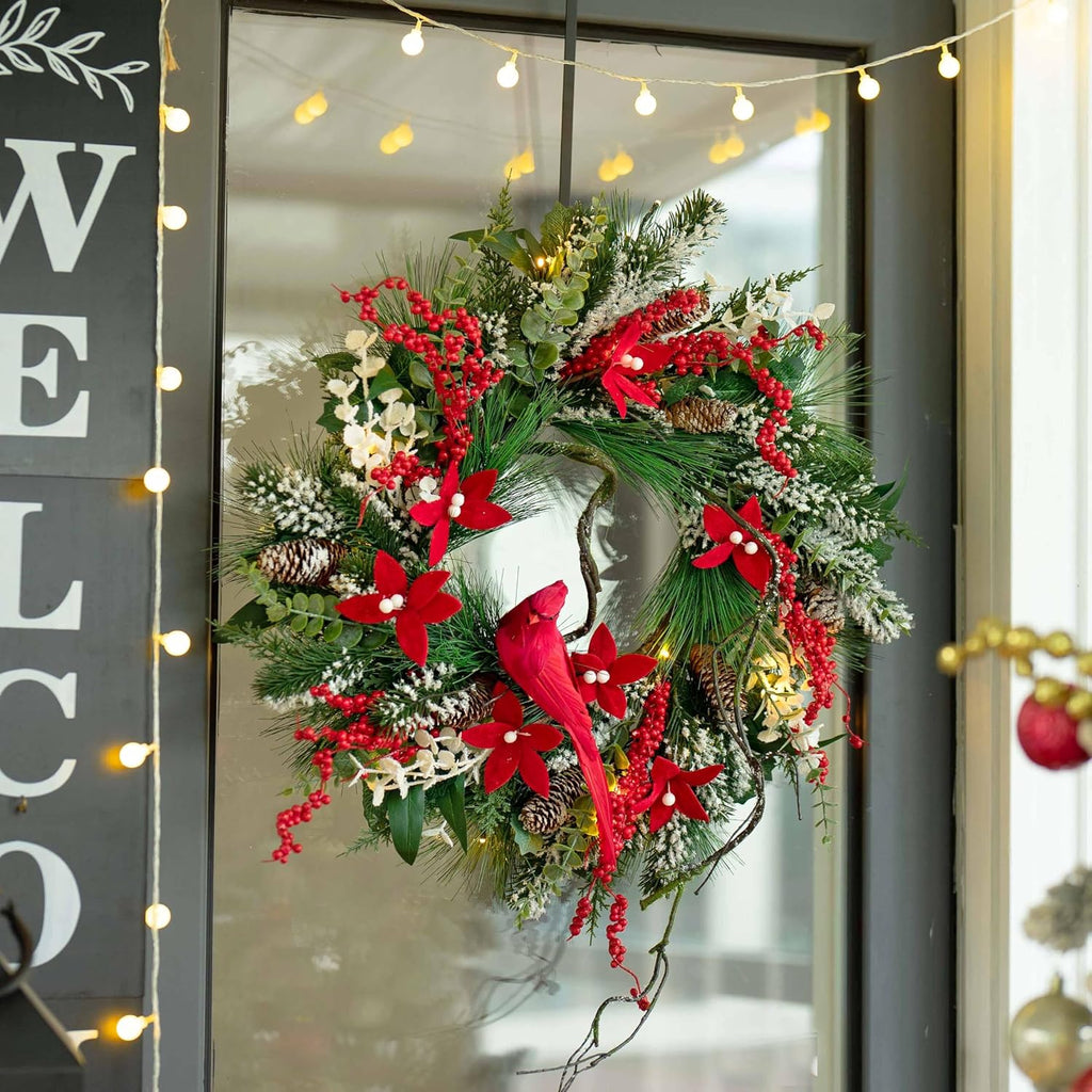 Christmas Wreath with Lights, 24 Inch Lighted Christmas Wreaths for Front Door with Pine Needles and Berries, Large