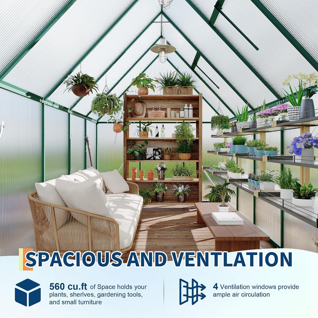 Polycarbonate Greenhouse for Outdoors, Large Walk-InGreenhouse with Quick Setup Structure and Roof Vent, Greenhouse