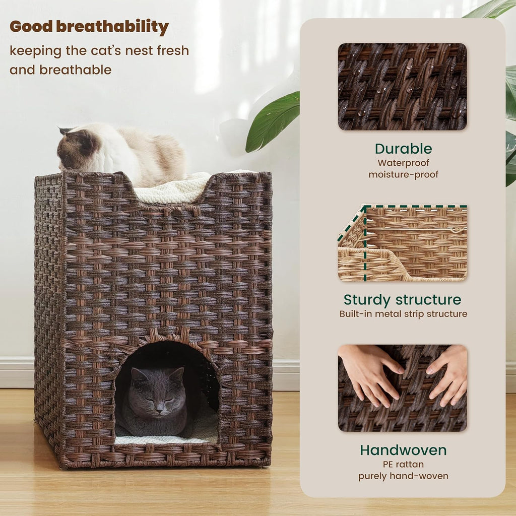 Cat Bed for Indoor Cats, a Stylish Cat Hideaway & Cat House - Handwoven Rattan Cat Cave Bed with Soft Cushion