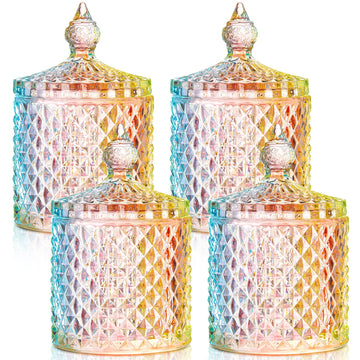 4 Pcs Crystal Glass Candy Jar Set with Lids Home Decorative Storage Jars for Apothecary, Bathroom, Kitchen, and