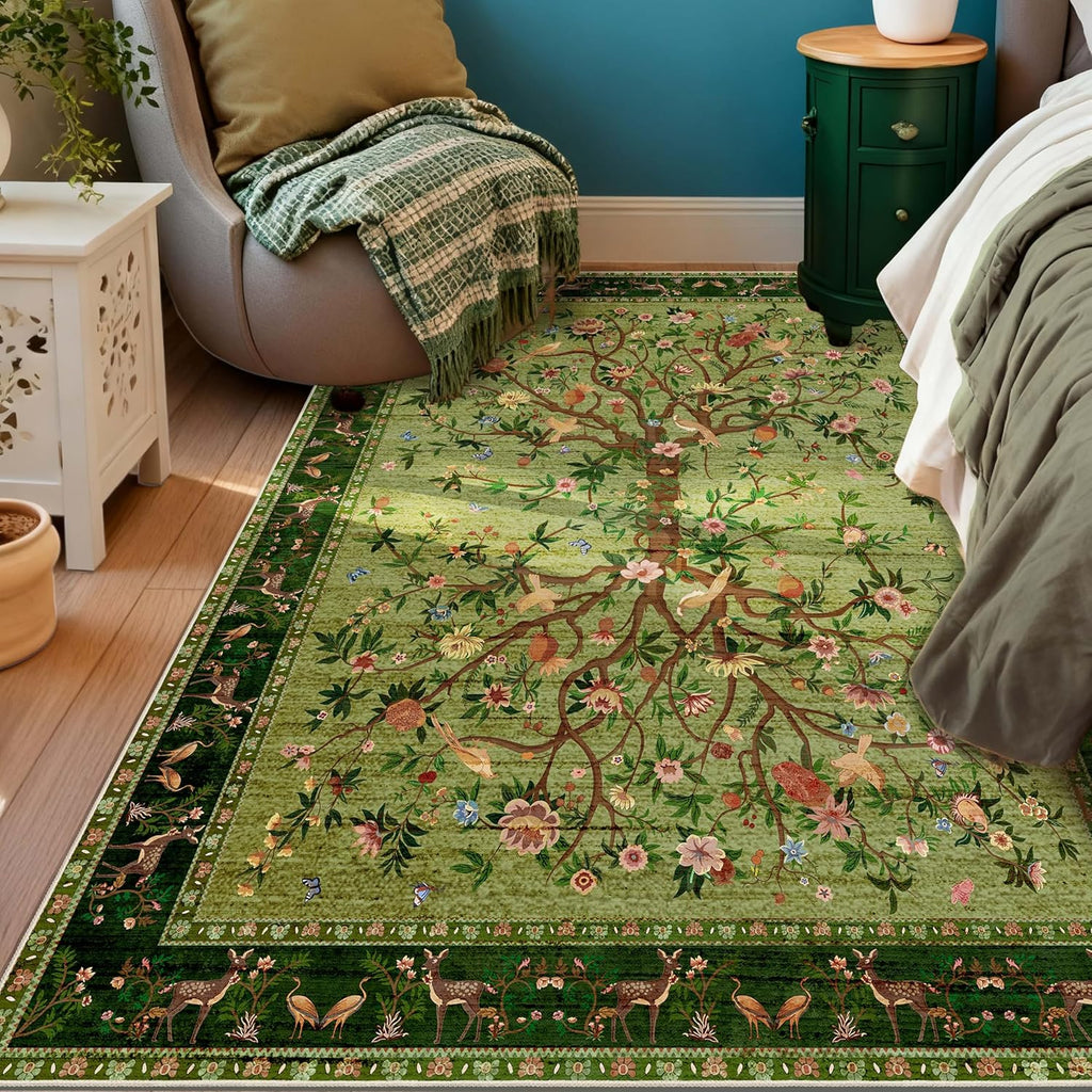 Green Area Rug 3x5 Washable, Non-Slip Small Rug Carpet, Floral Boho Low Pile Soft Throw Rugs for Ent