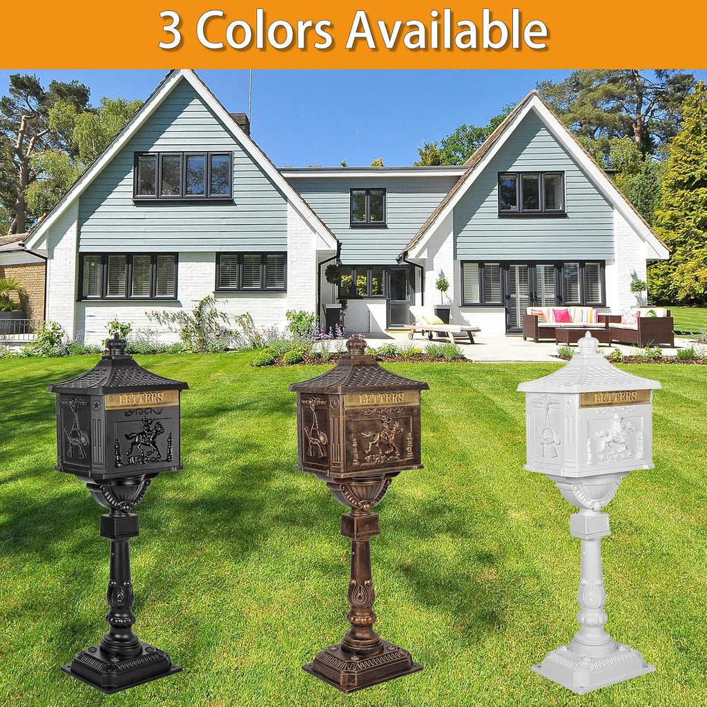 Classic Cast Aluminum Mailbox - 45.5" Postal Box with Locking Door and Keys, Vintage Design Men Women