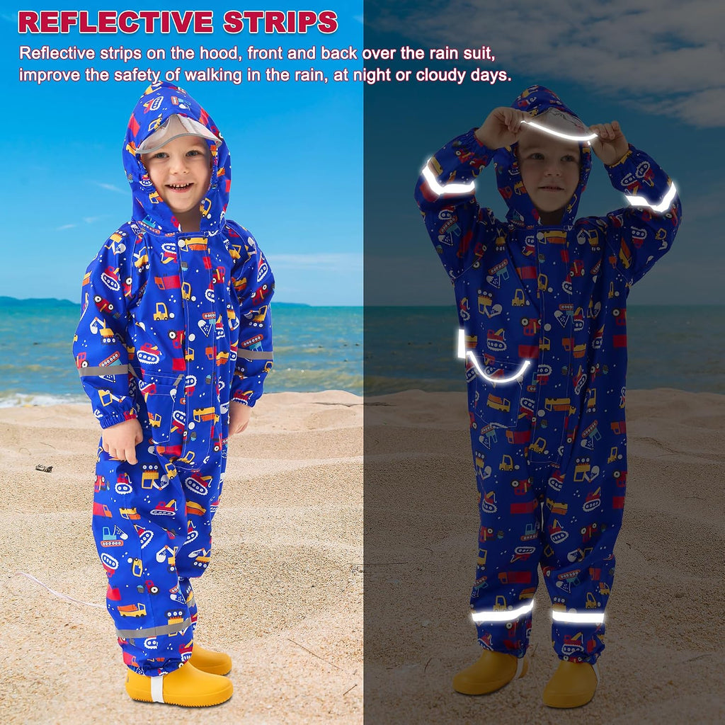 Kids Rain Suit, Toddler Raincoats One Piece Hoodie Cartoon Rain Gear Waterproof Rainwear Coveralls for Boys and Girls