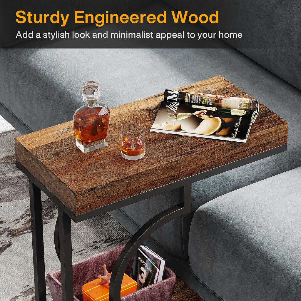 Narrow Side Table for Couch, C Shaped End Table with Metal Frame, Farmhouse Bedside Tables, Small Sofa Tables for