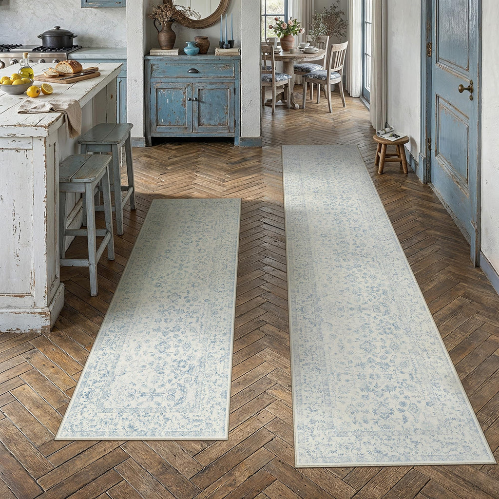 2'x6'+2'x10' Blue 2-Piece Kitchen Rug Set with Runner