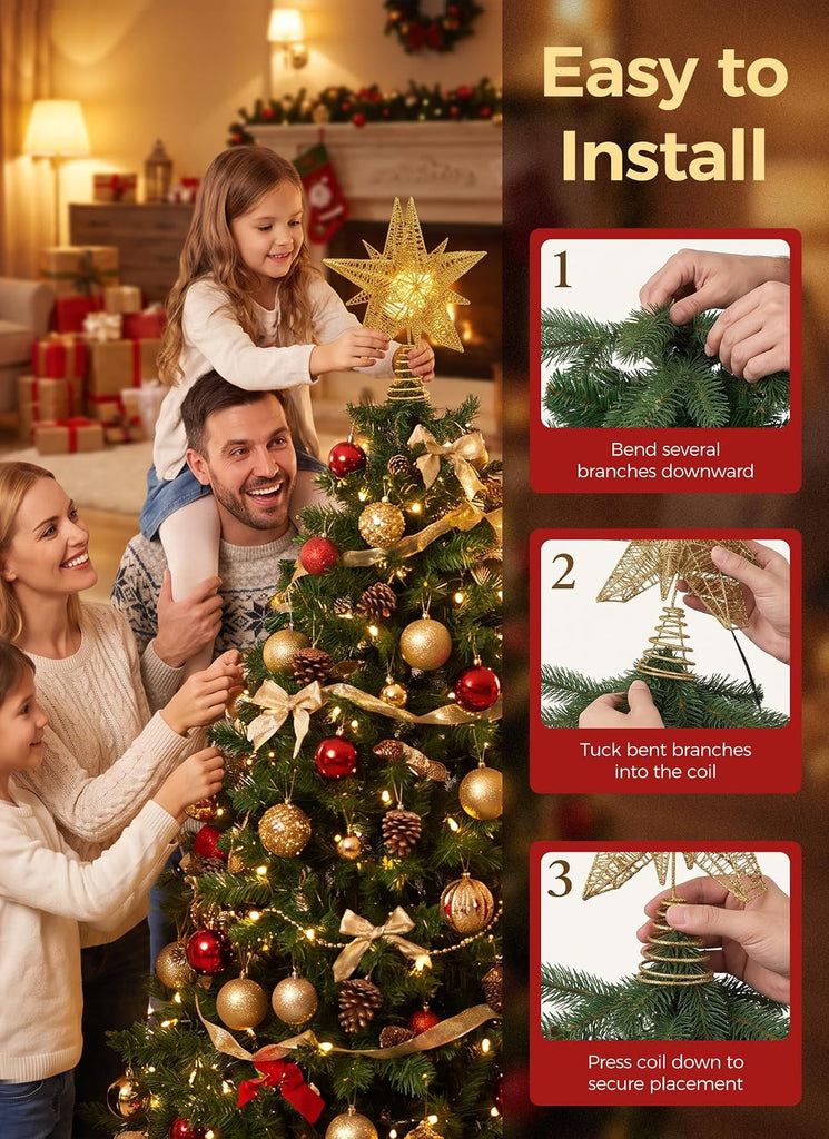 Star Tree Topper with Projector Lights - Double Star Style - Gold