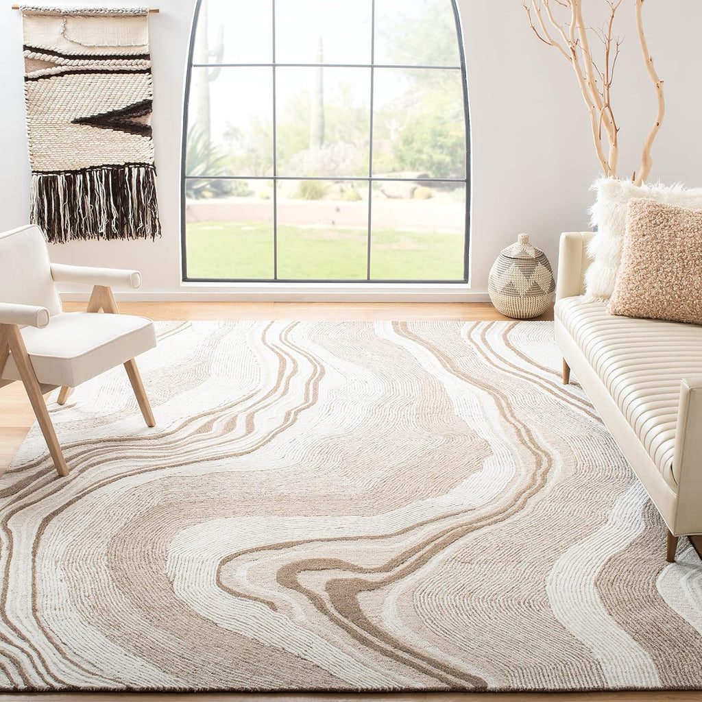 Fifth Avenue Area Rug - 10' x 14', Beige & Ivory, Handmade Mid-Century Modern Abstract New Zealand Wool
