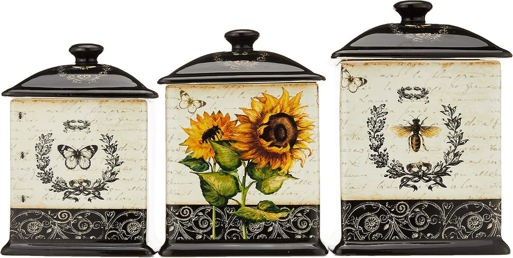 French Sunflowers Canister Set Ceramic Kitchen Storage Jars with Lids, Vintage Sunflower Decor, Floral Bee - Set of 3