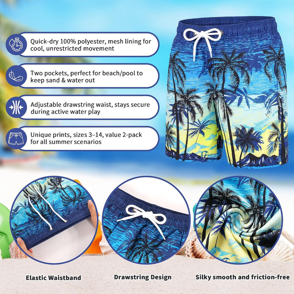 2 Pack Boys Swim Trunks Quick Dry Mesh Liner Board Shorts
