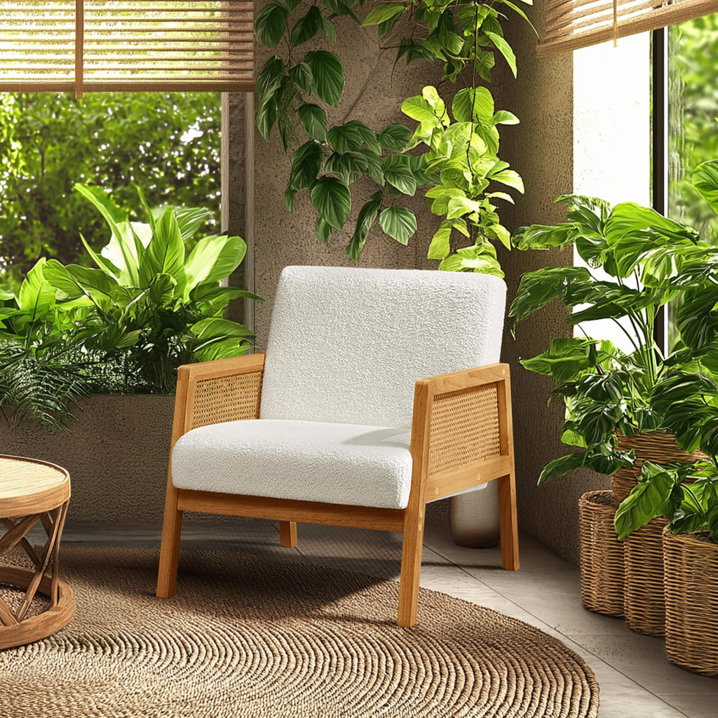 Rattan Accent Chairs Set of 2, Boho Vintage Armchairs, Ivory