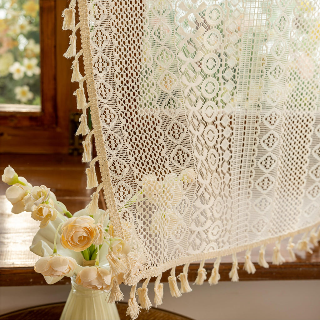 Beige Boho Lace Short Kitchen Curtains 36 inches Long for Cafe Laundry Room, Semi Sheer Window Curtains Farmhouse