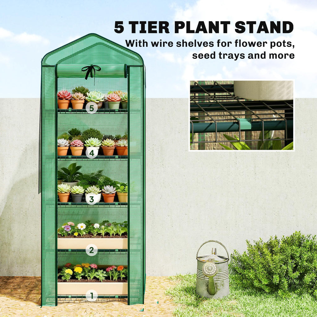 5 Tier Mini Greenhouse w/ Screen Roof 27.6" x 19.7" x 75.6" Green