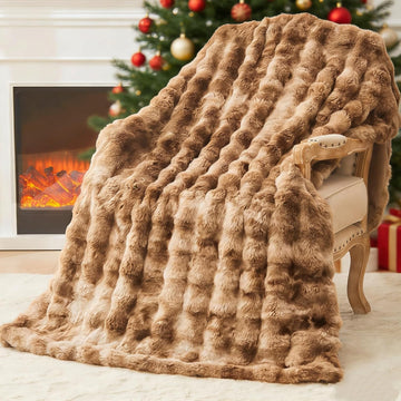 Faux Fur Blanket Queen Size Tie Dye Brown - Big Bubble Rabbit Cozy Blanket for Couch, Thick Furry Plush Shaggy