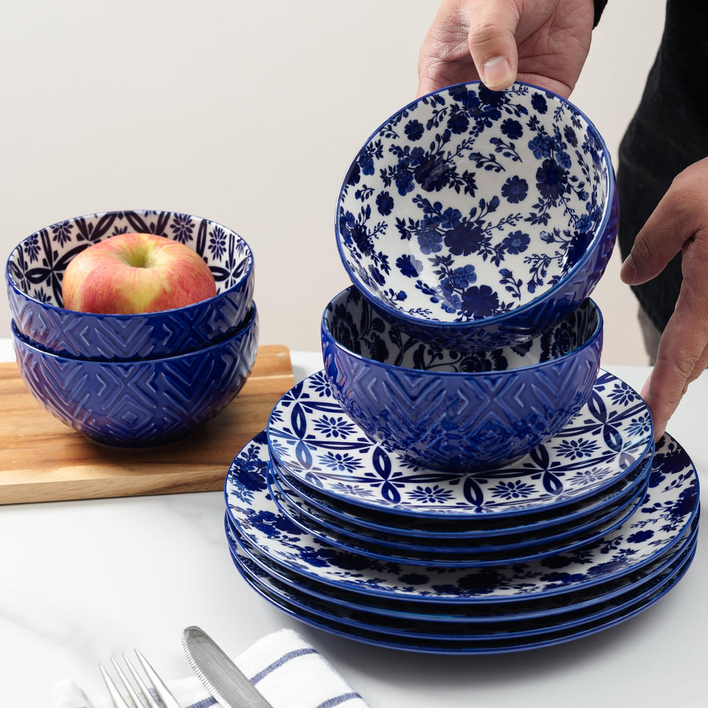 12 Pieces Modern Porcelain Dinnerware Set, Service for 4, Ceramic Plates and Bowls Sets, Kitchen Dinner, Salad