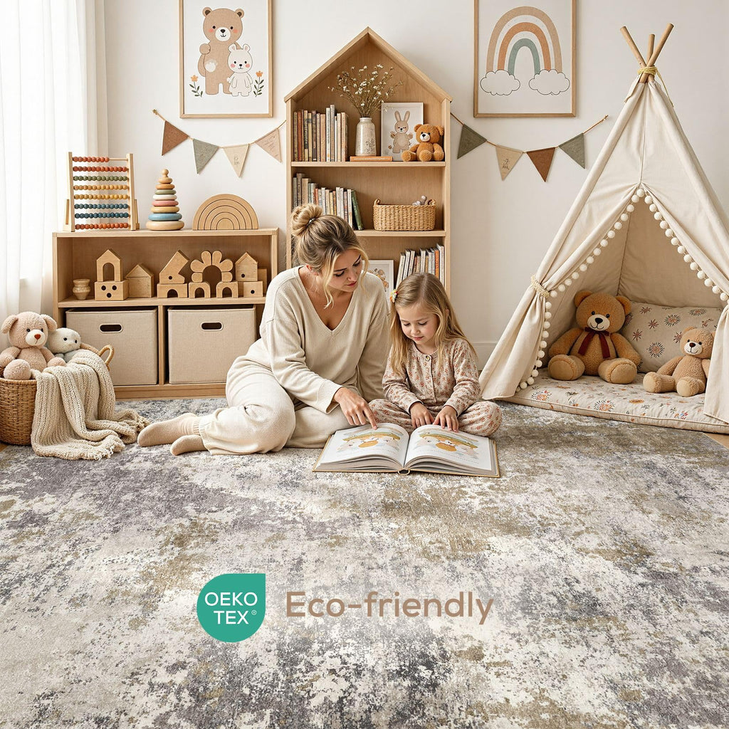 Abstract Washable Area Rugs -Brown Grey