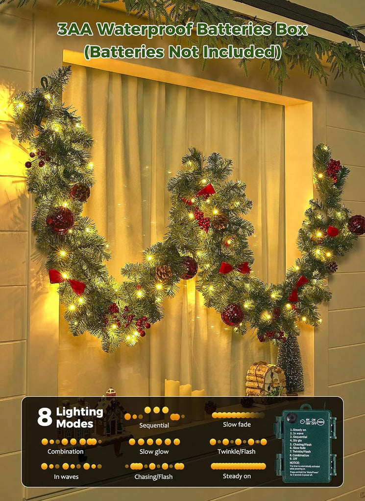 Christmas Garland with Lights, 9Ft Prelit Garland, 8 Light Modes & Timer