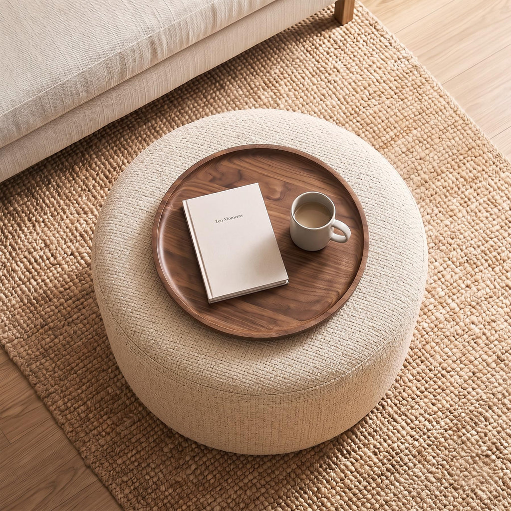 Boho Round Pouf Ottoman, Upholstered Ottoman, Beige