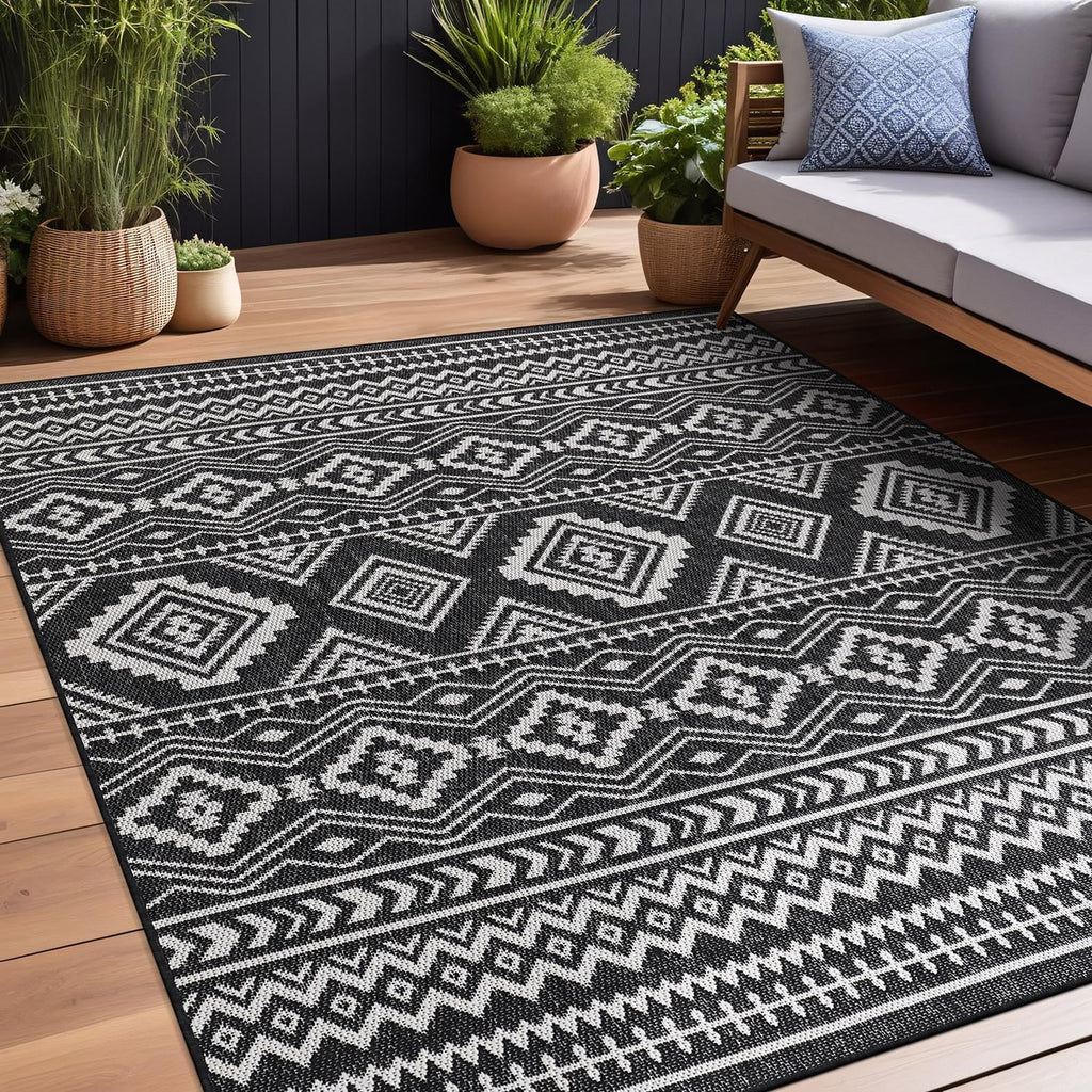 Waikiki Boho Indoor Outdoor Rug 5x7, Washable Outside Carpet for Patio, Deck, Porch, Bohemian Area R