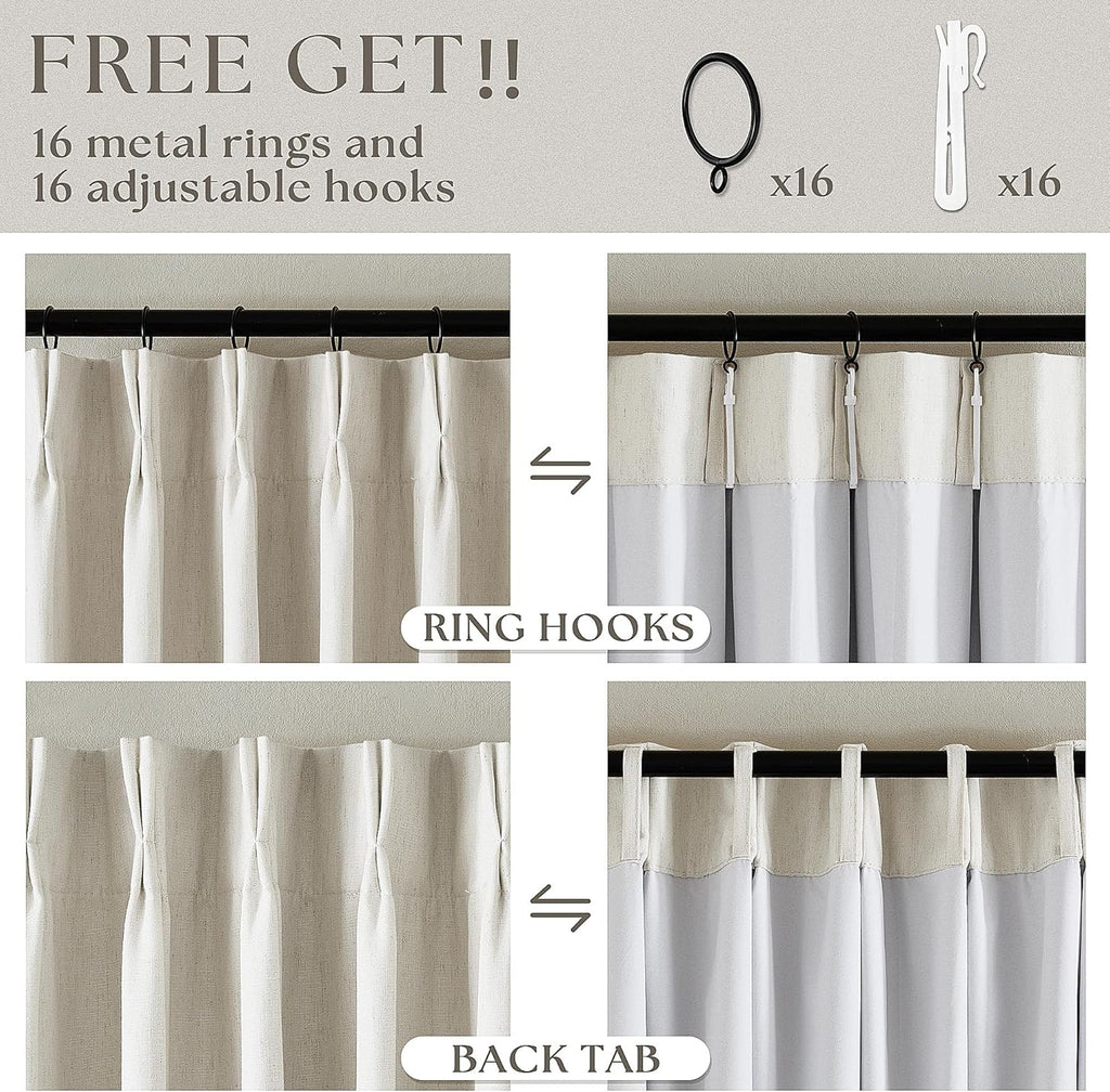 Pinch Pleated Linen Blackout Curtains 96 Inches Long for Living Room 2 Panel Set Cream Ivory 100% Black Out Pinch
