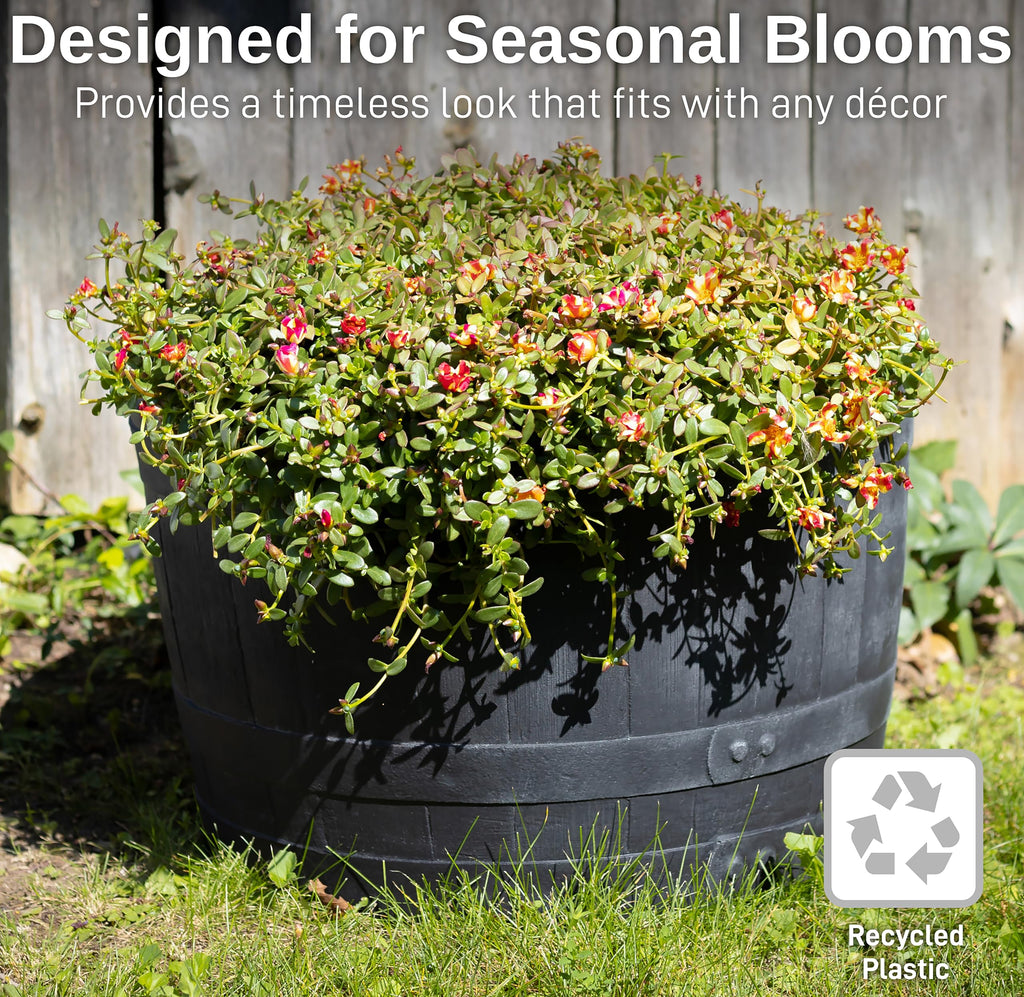 Polyethylene Whiskey Barrel Planter for Indoor or Outdoor Gardening, Black (2 Pack)