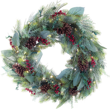 30 Inch Pre-Lit Artificial Christmas Wreath, Winter Frost Collection