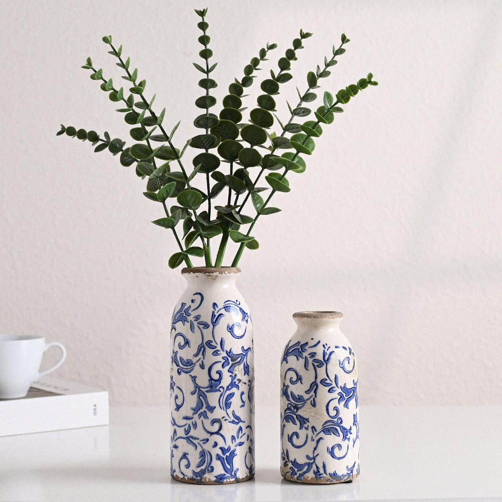 Blue and White Ceramic Vases Home Decor, Farmhouse Vase for Flowers, Flower Vase Set of 2, Rustic Decorative Vases