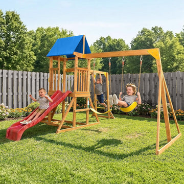 Wooden Playground Sets Backyards, for Ages 3-6 | Swing Set with Monkey bar, Outdoor Playset with Wave Slide, Rock